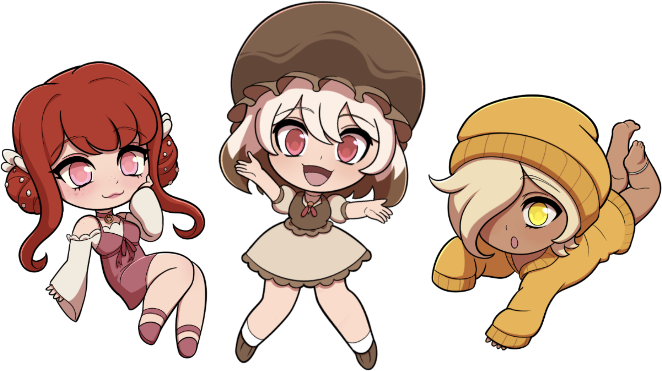 Three mushroom girl characters